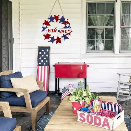 4th/Fourth of July Decorations Welcome Wreath for Front Door - Wooden Red White and Blue Star Sign, Patriotic Memorial Day Porch Home Wall Outside Decor {5}