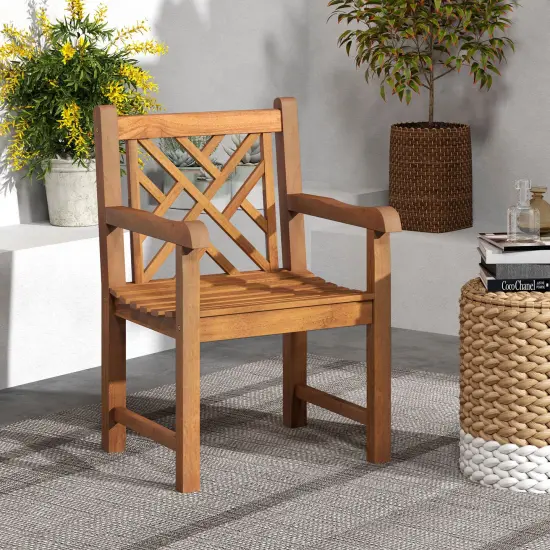 Teak Wood Patio Dining Chair with Cross Slatted Backrest and smooth Armrests {2}