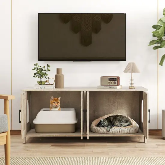 MDF Engineered Board Cat Litter Box Enclosure with Barn Door and Multi-Functional Design Oak {2}
