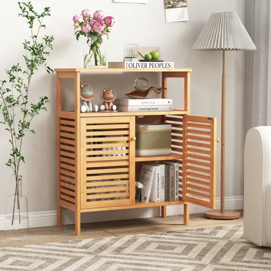 Costway Bamboo Storage Cabinet with Double Louvered Doors Open Shelf & Removable Shelf {5}