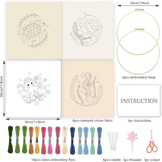 4 Sets Embroidery Kit for Beginners with Sea Animals Pattern DIY Embroidery Kit {2}