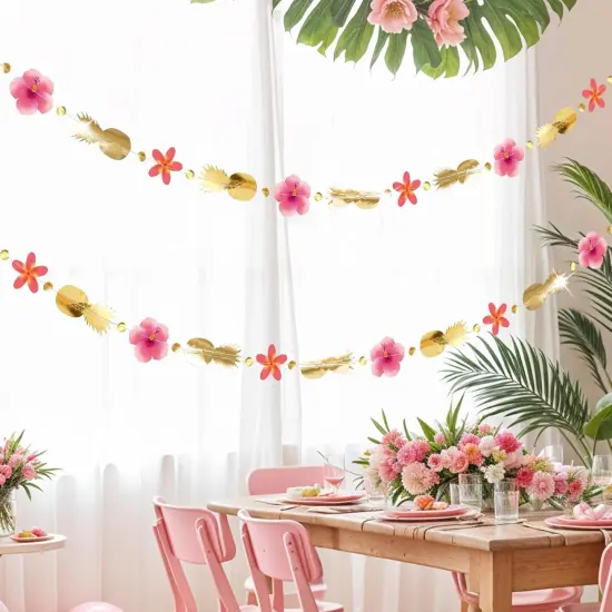 Tropical Luau Party Decorations Hawaiian Garland Tropical Flower Garlands Hanging Decor Banner Gold Pink Garland Pineapple Hanging Aloha Summer Party Favors Backdrop {3}