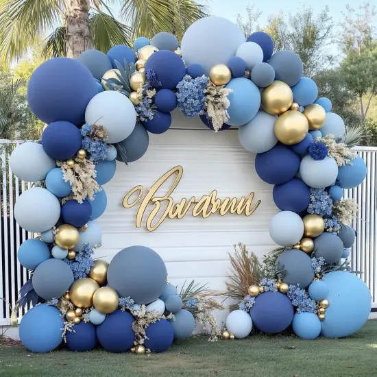 Dusty Blue Gold Balloons Arch Kit, Double Stuffed Pastel Balloon Arch Pastel Light Dark Denim Pale Blue Balloons With Blue Gold Balloons for Baby Shower Birthday Wedding Graduation Party Decorations {1}