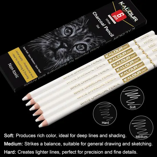 White Charcoal Pencils Drawing Set, Professional 6 Pieces White Sketch Pencils for Drawing, Sketching, Shading, Blending, Chalk for Beginners & Artists {3}