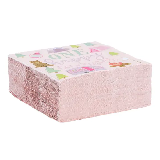 100 Pack One Happy Camper Birthday Napkins for Camping Themed Party Supplies and Decor (2-ply, 6.5 In) Pink {2}