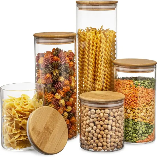 Set of 5 Glass Kitchen Canisters with Airtight Bamboo Lid - Glass Storage Jars for Pantry Organization and Bathroom for Flour, Coffee, Cookie Jar, Candy, Snack, Pasta, Rice, Sugar Packet Holder {1}