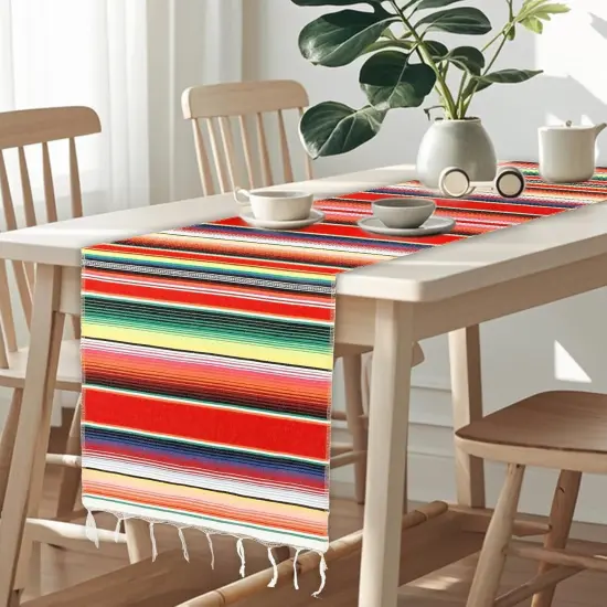 Mexican Table Runner, 14 X 84 Inches Cinco De Mayo Table Runner, Rainbow Boho Mexican Serape Table Runners, Fringe Cotton Table Runners for Mexican Fiesta Cinco De Mayo Birthday Party Decorations Red {1}
