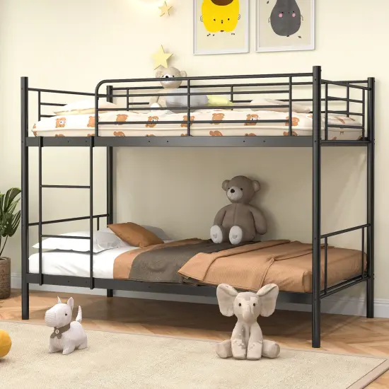 Black Metal Twin Over Twin Bunk Bed with High Guardrails and Ladder {3}