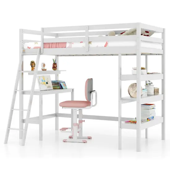 Twin Loft Bed with Desk and Bookshelves for Kids and Teens White {4}