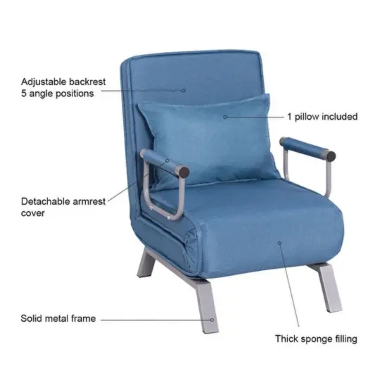 Folding Sofa Convertible Armchair Lounge Couch with Soft Back Cushion and 5 Back Reclining Angles Blue {6}