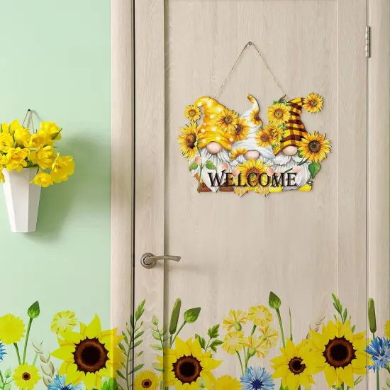 Sunflower Welcome Wood Door Hanger Wooden Gnome Sign Farmhouse Wall Porch Art Summer Fall Front Door Wreath Hanging for Bedroom Living Room Indoor Outdoor Kitchen Home Decor {3}