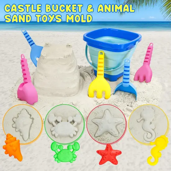 Summer Beach Toys for Kids 3-10, Collapsible Sand Castle Toys for Beach Include 3 Pack Foldable Buckets, Shovels Molds and Storage Mesh Bag, Sandbox Travel Toys for Toddlers Kids {4}