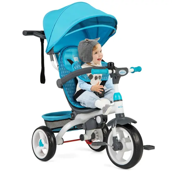 5-in-1 Detachable Baby Stroller Tricycle with Adjustable Sun Protection and Foldable Footrests Blue {3}