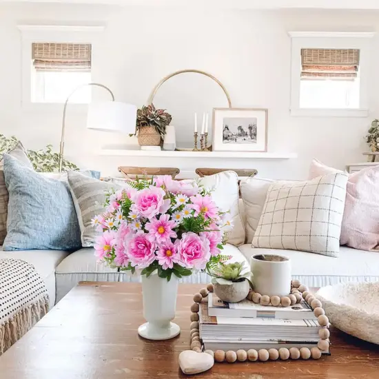 14 Stems Artificial Flowers Bouquet Mixed Bush Faux Peony Flowers Pink Fake Silk Flowers for Cemetery Home Wedding Table Centerpieces Spring Arrangements Decor (18.5") {4}