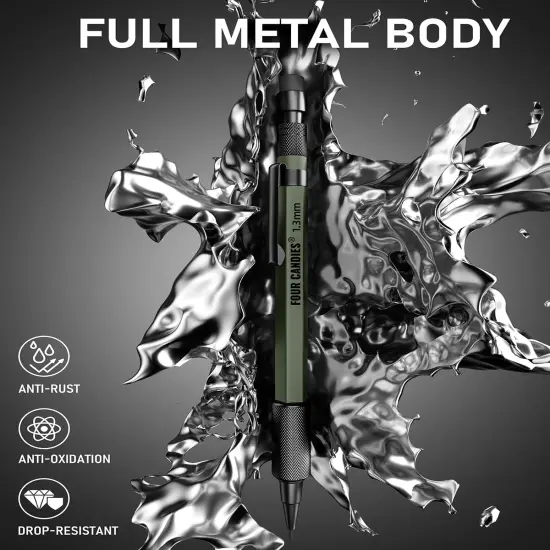 1.3mm Mechanical Pencil Set with 48 Lead Refill, 3PCS Metal Weatherproof Body Heavy Duty Carpenter Pencil, 3 Eraser, 12 Eraser Refill, for Outdoor Woodworking Drafting Marking with Case {3}