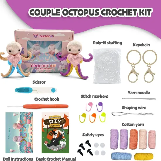 Octopus Crochet Kit for Beginners, Valentines Day Ocean Animals DIY Amigurumi Starter Set {2}