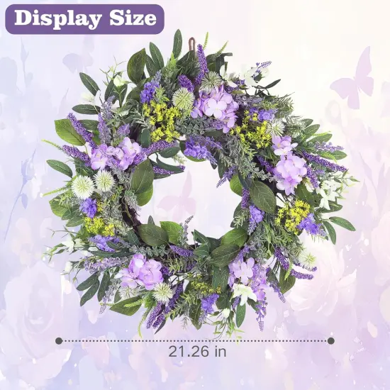 21 Inch Spring Wreath for Front Door,Artificial Summer Wreath with Lavender Hydrangeas and Greenery Leaves,Purple Flower Wreath for Home Wall Window Farmhouse Party Holiday Decor {2}