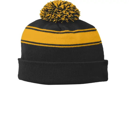 Sport-Tek&reg; Stripe Pom Pom Beanie Black/Iron Gry {3}