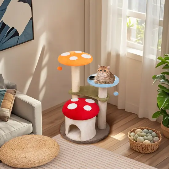 Multi-Color Engineered Board Tall Cat Tree with Plush Fabric, 6 Layers and Interactive Balls {3}