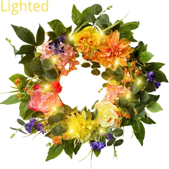 22 Inch Lighted Summer Floral Wreath for Front Door,Dahlia Pinnata, Roses, Eucalyptus Leaves, Peony, Mixed Flowers,Artificial Wreath for Front Door Summer Outdoor Home Decor {2}