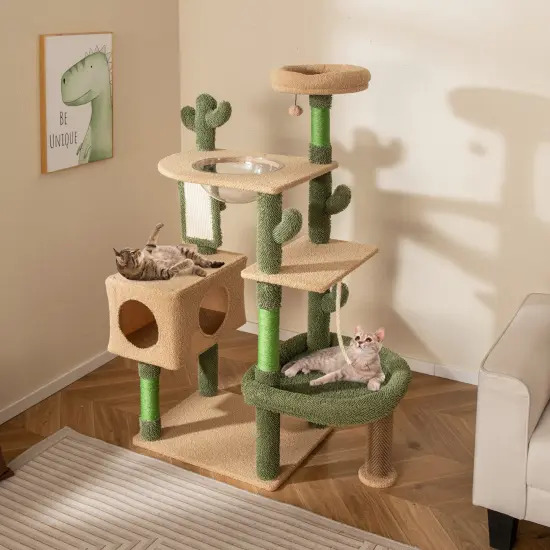 59 Inch Cactus-Shaped Cute Cat Tree Tower with 2 Perches and Multiple Sisal Scratching Posts {3}