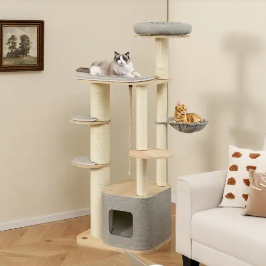 63 Inch Tall Wooden Cat Tree Tower with Soft Padded Cushion Platforms and Full-Wrapped Scratching Posts {2}