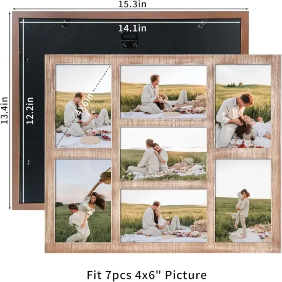4x6 Picture Frame Collage for Wall Decor, Multiple Photo Collage Frames with Tempered Glass, 7-Opening for 4 x 6 Picture Frames, Rustic Brown, 1 Pack {4}
