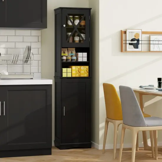 67 Inch Tall Freestanding Bathroom Storage Cabinet with 5 Adjustable Shelves and 2 Open Compartments Black {5}