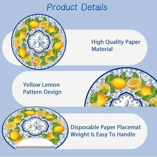 50 Pack Lemon Paper Placemats Disposable 50 Pack 13.7 Inch Cyan Blue Tiles Lemon Fruit Round Place Mats Summer Table Mats for Kitchen Dining Party Decoration {3}