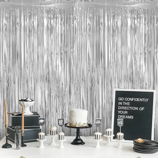 10 Pack Silver Themed Party Decorations, 3.3x6.6 ft DiscoFoil Fringe Curtains, Tinsel Backdrop, Wedding or Engagement Photo Booth Prop Streamer Backdrop for Birthday, New Year's Eve Countdown {2}