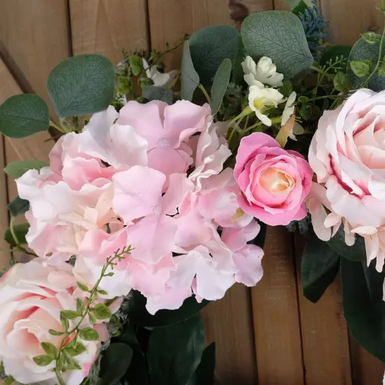 Artificial Pink Rose Wreath 20 inches Front Door Wreath with Hydrangea Green Leaves Wreath Artificial Spring Wreath Valentines Mother's Day Wreath for Wall Wedding Party Home Decor (Pink) {2}