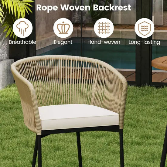 3 Pieces Rope Woven Patio Bistro Set with Acacia Wood Tabletop and Soft Cushions {5}