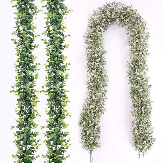 4PCS Faux Eucalyptus Garland Plant, Artificial Baby Breath Flower Vines Hanging Leaves Vines Hanging Leaves Greenery Wedding Backdrop Arch Wall Decor, Indoor Outdoor 5.8 Ft（Pink & Green） {1}