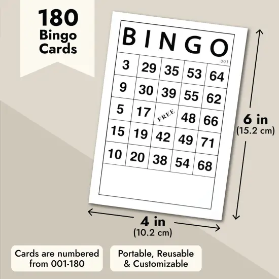 180 Sheets Reusable Paper Bingo Cards Bulk for Adults, Disposable Number Game Set for Large Groups (6x4 in) {5}