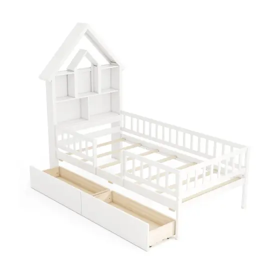 Pine Wood Twin Size Montessori Bed with Storage Drawers, Guardrails and House Design {1}