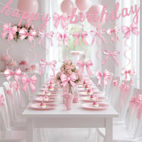 Pink Bow Banner Hanging Swirls with Bowknot Cupcake Toppers Happy Birthday Garland for Baby Shower Girls Pink Bow Room Decor Coquette Birthday Party Decorations {5}