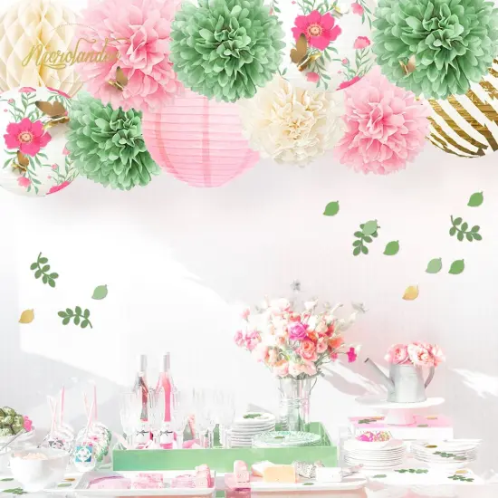 12PCS Green Pink Blooms Tissue Pom Poms Paper Lantern 3D Gold Confetti 50G for Garden Birthday, Fairy Party, Butterfly Baby Shower, Wedding, Holiday, Easte Party, Spring Decor {5}