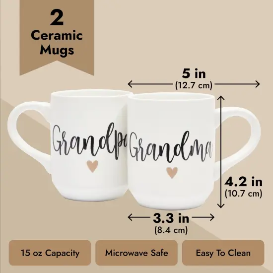 2 Piece Grandma and Grandpa Mugs Set for Coffee, Tea, Grandparent Announcement Gifts (15 oz) White {3}