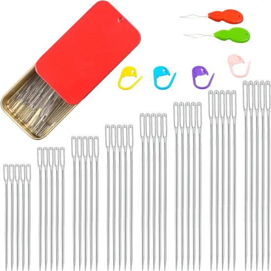 40PCS Large Eye Sewing Needles, 8 Sizes Hand Sewing Sharp Needles, Embroidery Needle, Leather Needle,Stainless Steel Yarn Needles with Threaders & Stitch Markers (Red) {1}