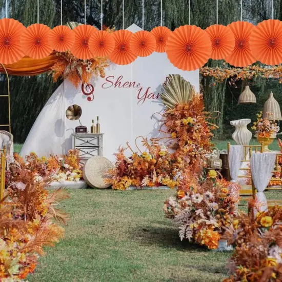 Orange Party Hanging Fans DIY Set - 12pcs Paper Fans with Pinwheels - DIY Paper Craft for Wedding, Birthday, Christmas Party Decoration {3}
