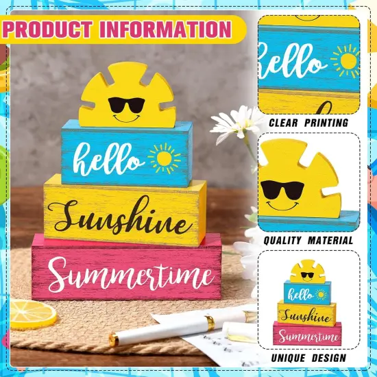 Summer Table Decor Hello Sunshine Wooden Block Sign Farmhouse Summertime Beach Tiered Tray Decor Rustic Table Centerpieces Summer Decorations for Home Desk Shelf Mantle Office Decorations {4}