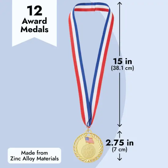 12-Pack Gold Winner Medals for All Ages, Participation Awards with American Flag, 15.5-Inch Red, White, and Blue Ribbon for Sports, Tournaments, Competitions, Heavy-Duty (Metal, 2.75 in) {6}