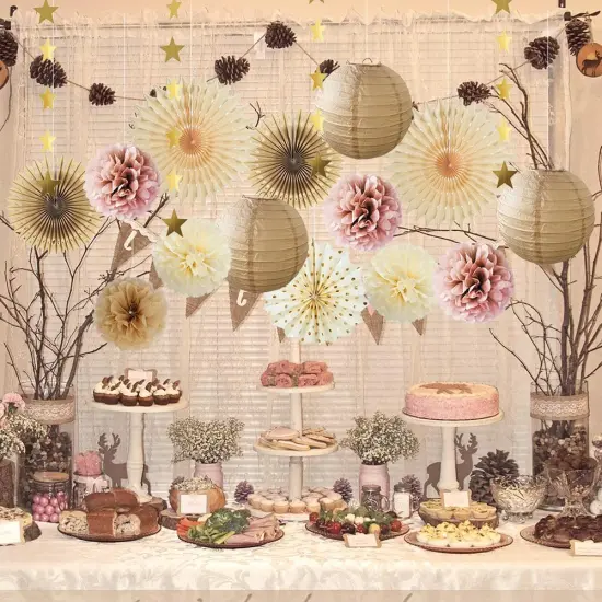 Pink Champagne Party Decorations Dusty Rose Champagne Gold Beige Boho Party Decorations Neutral Cream Pom Poms Paper Lanterns for Rustic Pink and Brown Birthday Baby Shower Wedding Engagement {2}