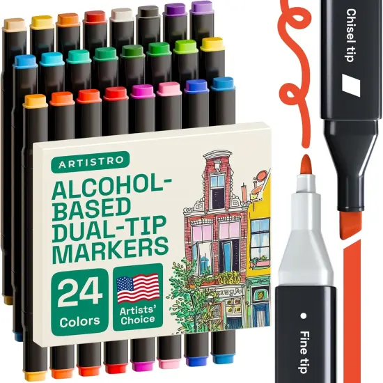 24 Dual-Tip Alcohol Markers - Alcohol-Based Pens Set, Chisel + Fine Tip, Quick Dry, Fade-Resistant Ink {1}