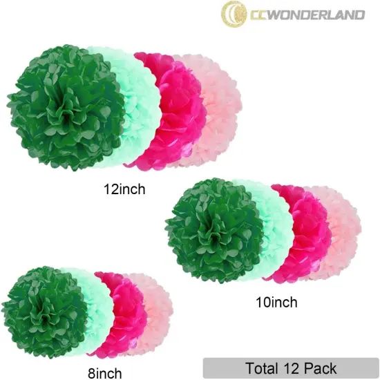 Green Pink Tissue Paper Pom Poms Decor-12PC Tissue Paper Flowers-Wall Hanging Decorations for Bachelorette, Neutral,Bridal,Baby Shower,Hawaiian Birthday Decorations 8,10, 12in {3}