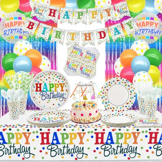 212 PCS Rainbow Party Supplies - Colorful Balloons, Polka Dot Banner, Fringe Curtains, Cake Topper, Plates, Napkins, Cups and Tablecloth for Kid Confetti Sprinkle Party Decorations, Serve 20 Guests {1}