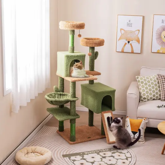 Multi-level Cactus Cat Tree with 2 Plush Perches and 3 Sisal-Wrapped Scratching Posts {2}