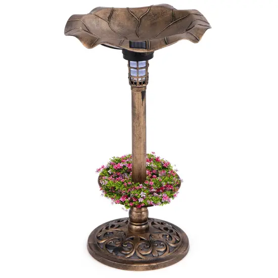 Solar Bird Bath with Lotus Leaf Bowl, Planter and Weatherproof Lamp Bronze {8}