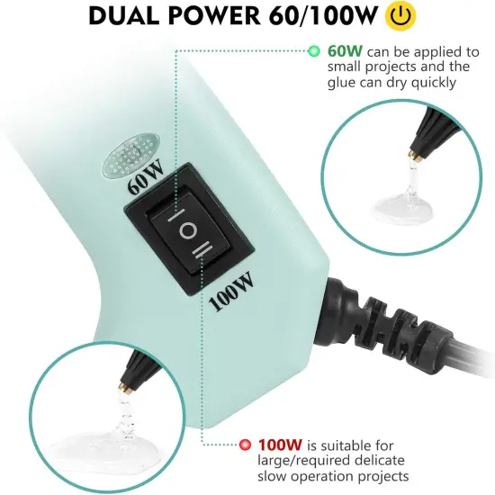 60/100W Hot Glue Gun Full Size with 15 Pcs Hot Glue Sticks (0.43 X 5.9 inch) and Carry Case, Dual Power High Temp Melt Glue Gun Kit with Finger Caps, Mat for Arts Craft, Household, Green {4}