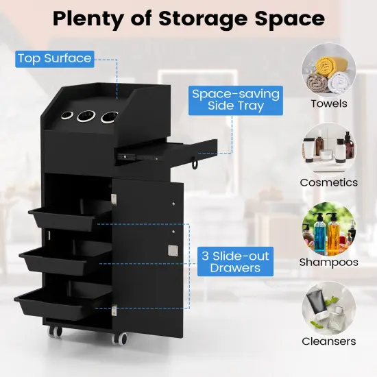 Salon Trolley Cart 360&deg; Rolling Tool Cart Mobile Storage Station with 4 Lockable Wheels-Black {6}